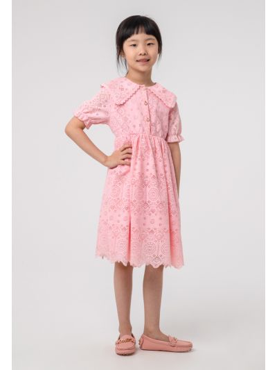 Lace Fabric Pearl Embellish Puff Midi Dress -Sale