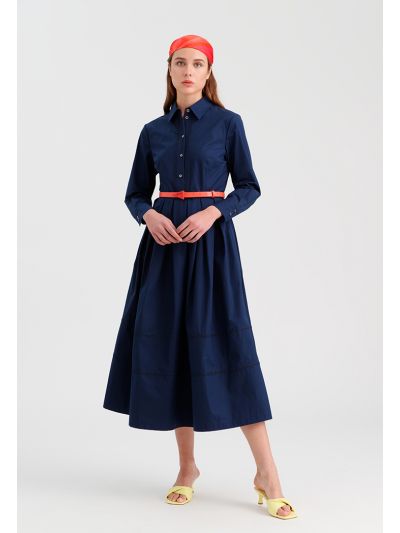 Solid Dress With Pleated Waist -Sale