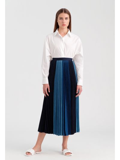 Contrast Color Pleated Denim Skirt -Sale