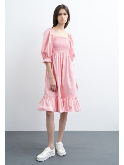 Smocked Front Off-Shoulder Solid Dress -Sale