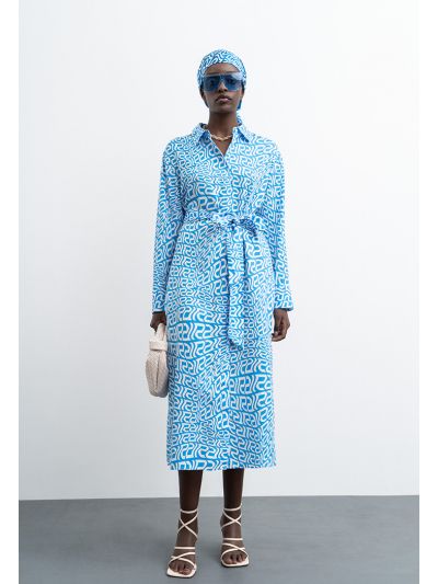 All Over Monogram Wavy Patterned Shirt Dress -Sale