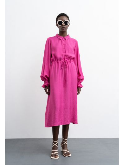 Solid Midi Dress With Waist Drawstring -Sale