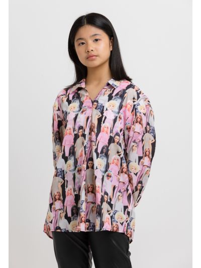 Barbie All Over Printed V Neck Long Sleeves Blouse -Sale
