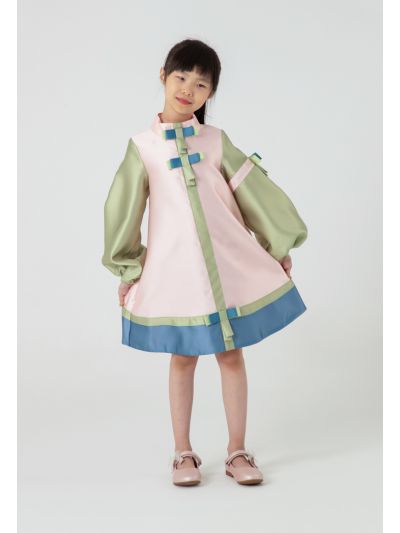 Colorblock Multi Bow Balloon Sleeve Dress