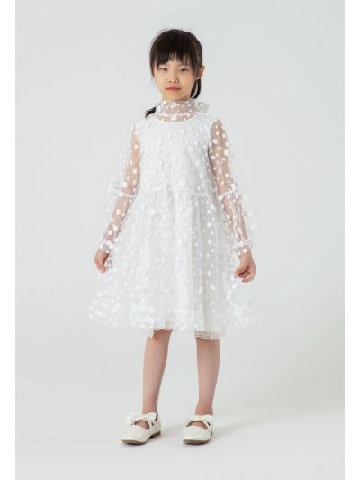 Polka Dot Flocked Mesh Lantern Sleeve Dress