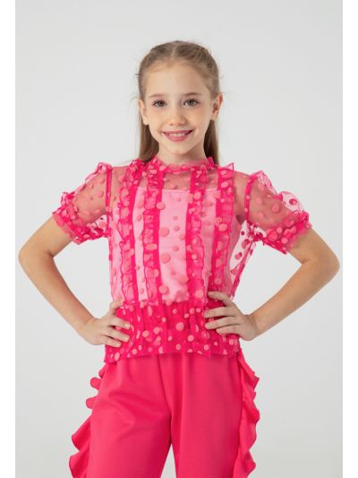 Polka Dot Flocked Mesh Ruffle Trim Blouse