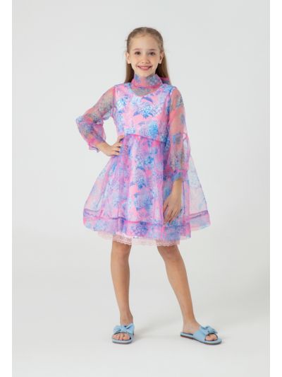 Printed Organza Lantern Sleeve Dress