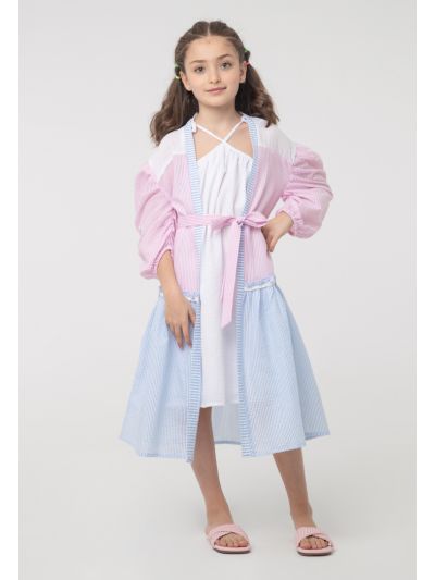 Textured Stripes Frill Trim Puff Shrug And Dress Sets