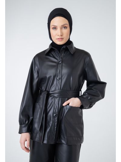 Faux Leather Big Buttoned Outerwear