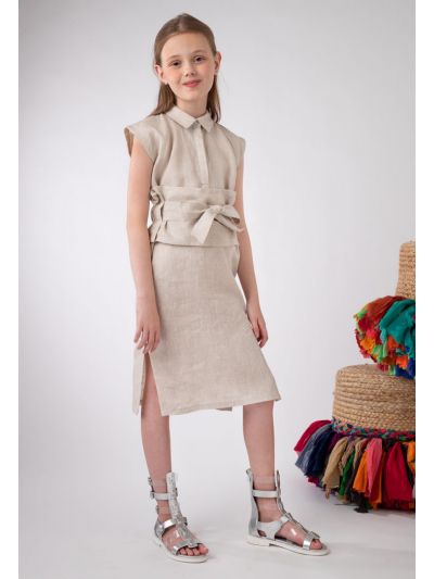 Pleated Waist Linen Solid Dress