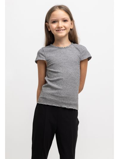 Ribbed Short Sleeves Lettuce Trimmed Neck T-Shirt