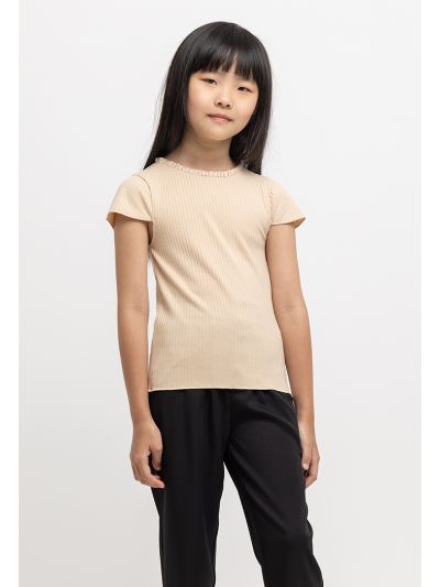 Ribbed Short Sleeves Lettuce Trimmed Neck T-Shirt
