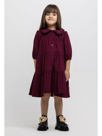 Peter Pan Collar Buttoned Puffy Sleeves Corduroy Tiered Dress -Sale