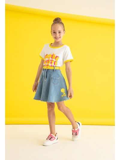 Tweety Bird's Rubber Print Flared Denim Skirt -Sale