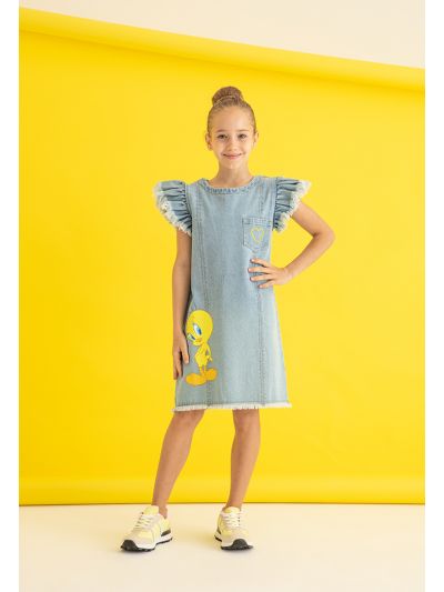 Tweety Bird Denim Flounce Frayed Dress -Sale