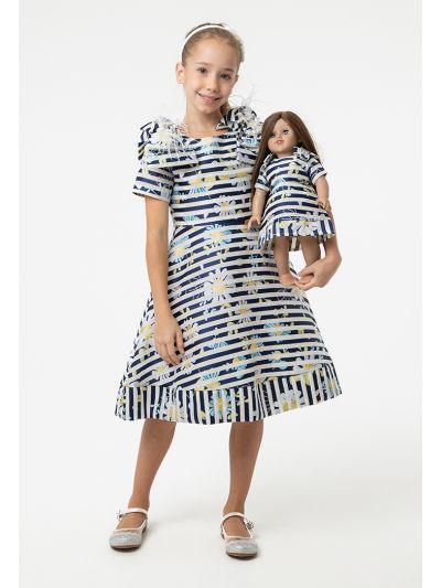 Floral Stripe Bow Pearl Adornment Dress -Sale