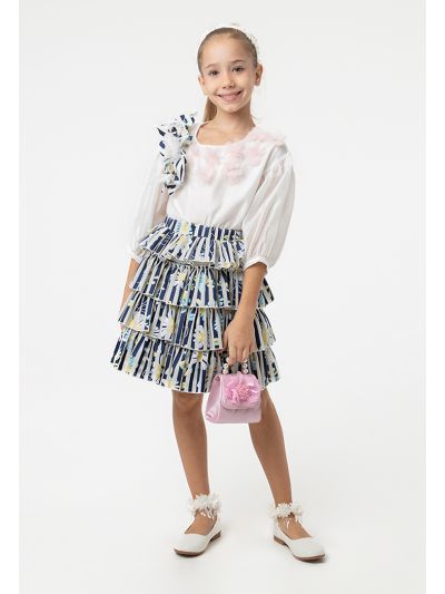 Floral Stripe Layered Ruffle Blouse And Skirt Set -Sale