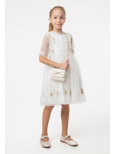 Embroidered Text Mesh Puff Sheer Dress -Sale