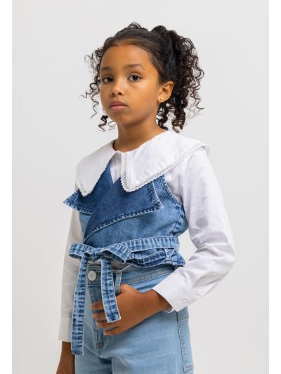 Sleeveless Self Tie Waist Band Denim Gilet -Sale