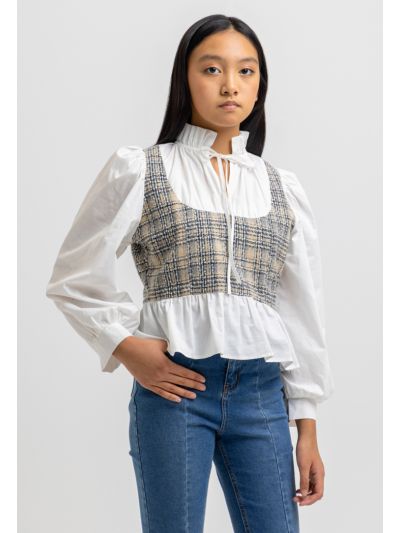 Ruched High Neckline Jacquard Front Blouse -Sale