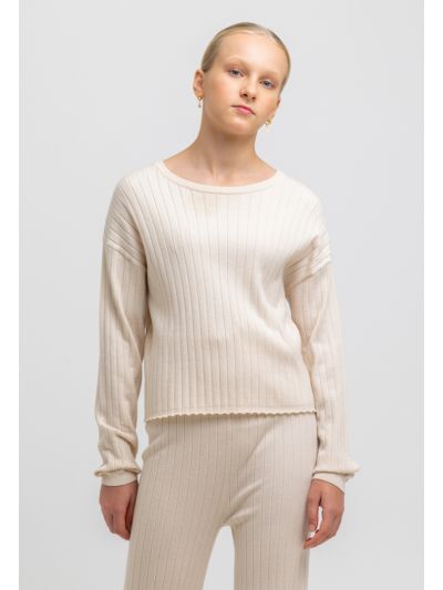 Knitted Ribbed Pattern Crew Long Sleeves Top -Sale