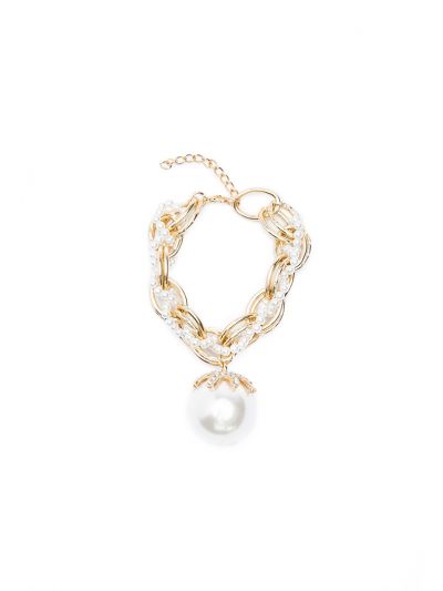 Two Tone Chain Link Twist Braid Pearl Rhinestone Bracelet -Sale