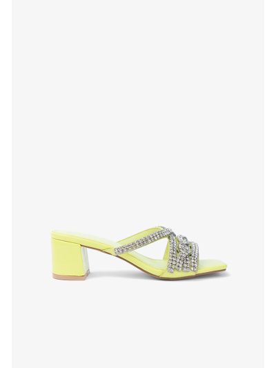 Square Toe Crystal Embellished Straps Heeled Sandals