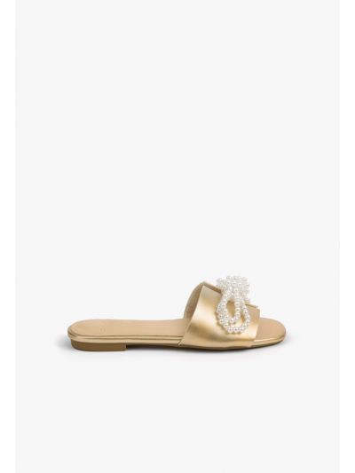 Faux Pearls Bow Strap Flats