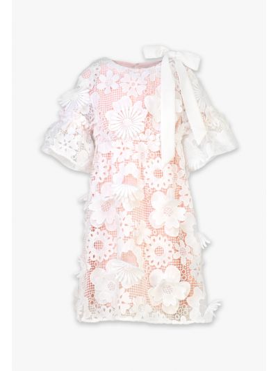 فستان دانتيل مزين بفيونكة بطبعات ازهار ثلاثية الابعاد