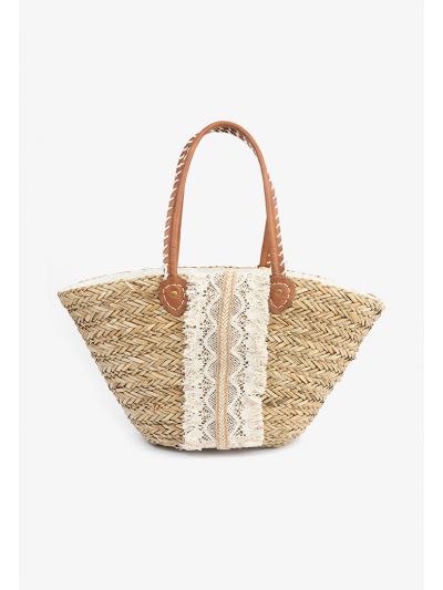Handmade Floral Lace Embellished Straw Tote Bag