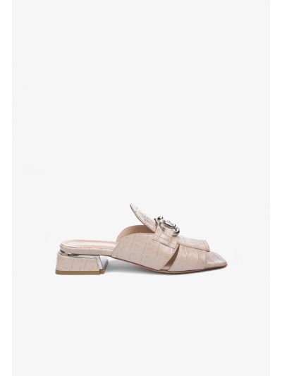 Acrylic Emblem Crocodile Textured Leather Sandals