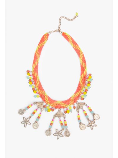 Neon Woven Floral Medals Necklaces