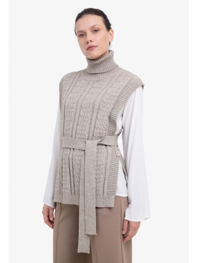 Braided Knit Sleeveless Turtle Neckline Winter Vest