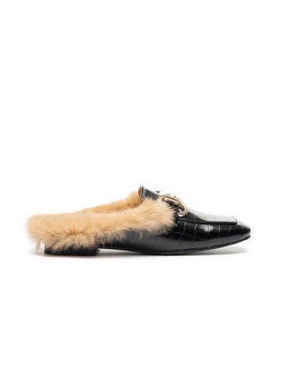 Textured PU Leather Acrylic Chain Fur Mules -Sale