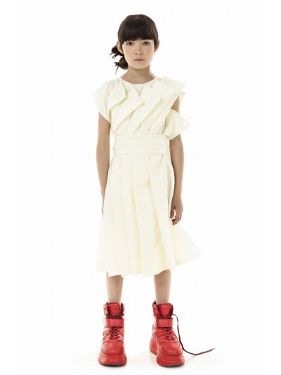 POLY SILK PLEATED DRESS WITH BELT