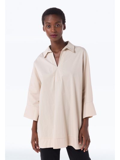Cutaway Neckline Loose Fit Folded Hem Solid Shirt -Sale