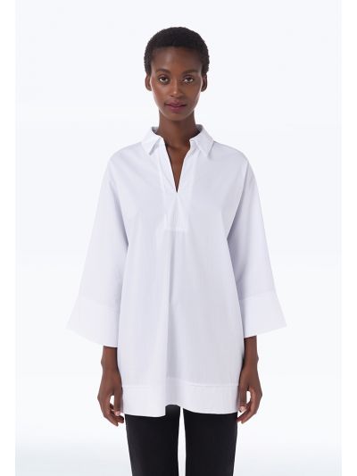 Cutaway Neckline Loose Fit Folded Hem Solid Shirt -Sale
