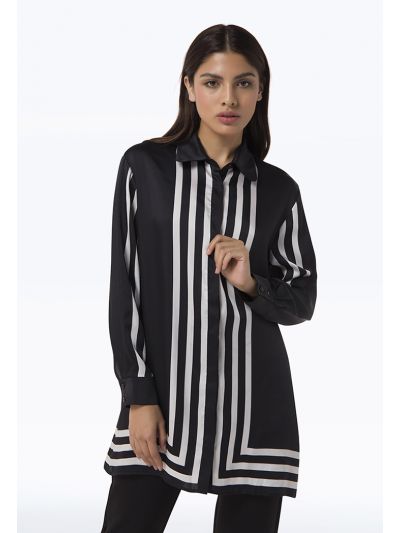 Contrast Lines Printed Collared Long Sleeves Shirt
