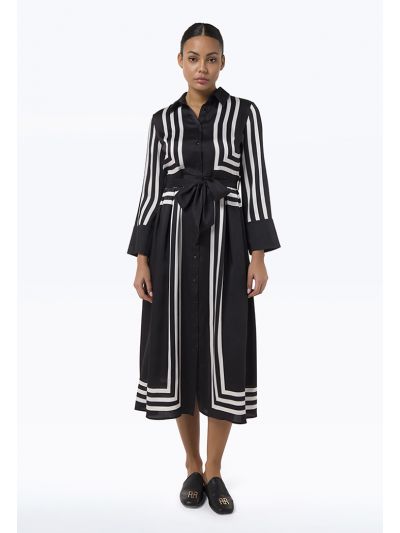 Contrast Lines Collared A Line Cut Maxi Shirt Dress