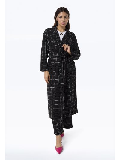 Tweed Pattern Waist Band Long Open Coat -Sale