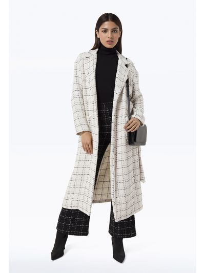Tweed Pattern Waist Band Long Open Coat -Sale