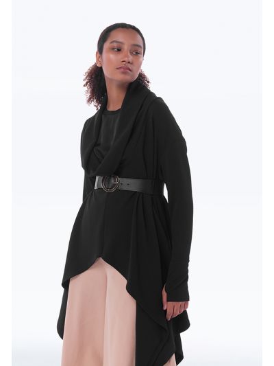 Textured Wide Tunnel Neck Solid Asymetrical Blouse -Sale