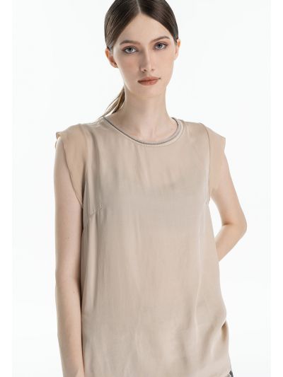 Shimmery Collar Solid Sleeveless T-Shirt
