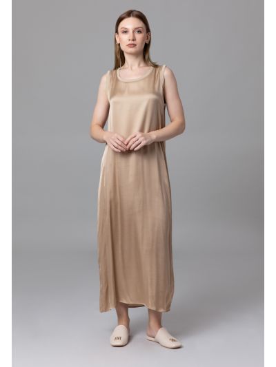 Shiny Satin Basic Dress With Ribbed Neckline