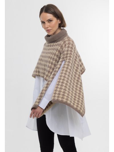 Houndstooth Pattern Ribbed High Neckline Winter Poncho -Sale