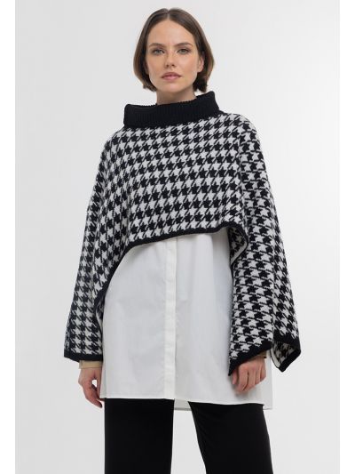 Houndstooth Pattern Ribbed High Neckline Winter Poncho -Sale