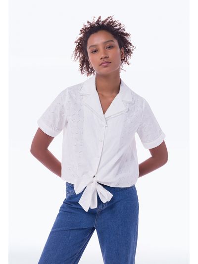  Front Knot Schiffli Solid Shirt -Sale