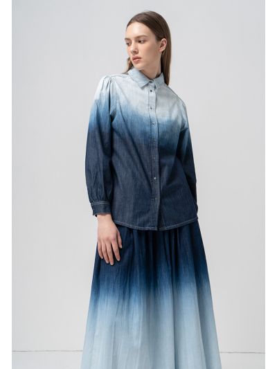 Pleated Ombre Long Sleeves Denim Shirt 