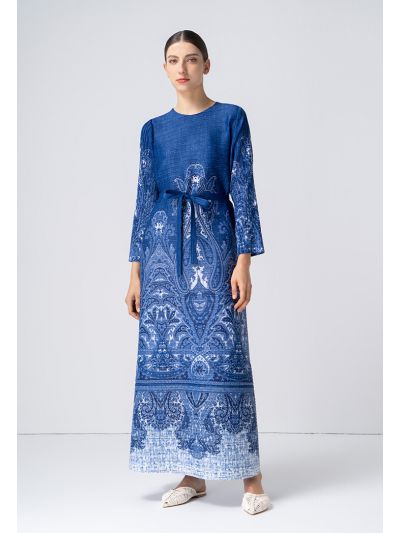 Round Neck Printed Pleated Dress