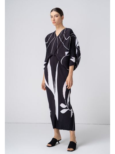 Batwing Sleeves Printed Pleated Dress